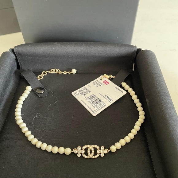 Chanel CC Mark Logo Choker Necklace Gold Pearl Rhinestone Used